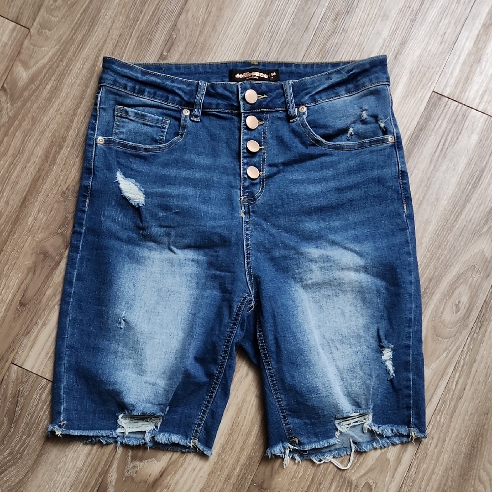 Dollhouse Denim High Waist Distressed Stretch Button Fly Blue Jean Shorts 13/14